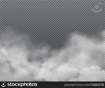 White fog or clouds on transparent background. Realistic vector fog, smoke, steam or mist clouds, smog, vapor or vapour. Foggy and smoky effect backdrop or border design, environment and weather. White fog or clouds on transparent background