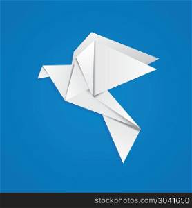 White folded paper, origami pigeon on blue background.. Origami pigeon