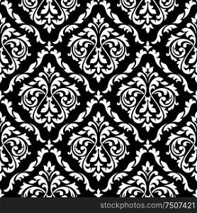 White foliage damask seamless pattern with victorian leaf scrolls, decorated flower buds on black background for luxury wallpaper or interior accessories design. Foliage damask seamless pattern with leaf scrolls