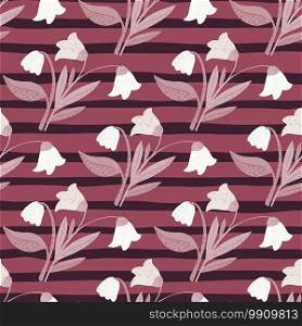 White forest flowers seamless botanic pattern. Stylized bouquet wuth stripped dark pink background. Simple flora print. Designed for fabric design, textile print, wrapping, cover. Vector illustration.. White forest flowers seamless botanic pattern. Stylized bouquet wuth stripped dark pink background. Simple flora print.