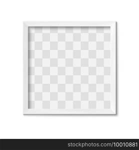 White frame. Empty gray simple photo square border with shadow on gallery wall. Isolated interior design vector realistic 3D mockup. Transparent space for picture in elegant framing. White frame. Empty gray simple photo square border with shadow on gallery wall. Isolated interior design vector realistic 3D mockup