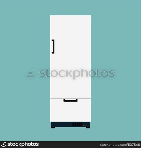 White fridge fresh domestic electric freeze furniture icebox. Refrigerator front view vector flat icon