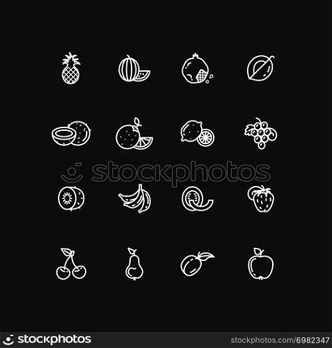 White fruits thin line icons set. Collection of linear food, vector illustration. White fruits thin line icons set