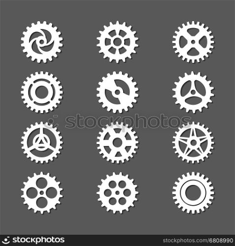 White gears icon set with shadows. White gears icon set with shadows on grey backdrop. Vector illustration