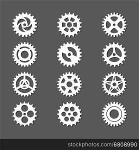 White gears icon set with shadows. White gears icon set with shadows on grey backdrop. Vector illustration