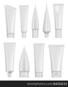 White gel package. Cosmetics tube for cream decent vector realistic templates collection isolated. Illustration of lotion cream and gel. White gel package. Cosmetics tube for cream decent vector realistic templates collection isolated