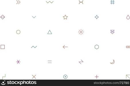 White geometric pattern with color simple signs. Geometric pattern with different simple signs in thin style. Light white horizontal background. Yellow, orange, red, brown, green, blue, purple, violet colors. Web design element in vector 8 EPS