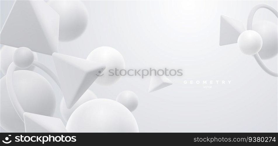 White geometric shapes backdrop. Abstract light background. Vector 3d illustration. Flowing geometry primitives composition. Banner or sign design. White geometric shapes backdrop. Abstract light background.