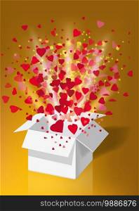 White gift box open explosion fly hearts and confetti Happy Valentine s day. White gift box open explosion fly hearts and confetti Happy Valentine s day. Vector illustration template baner poster isolated. Gold background