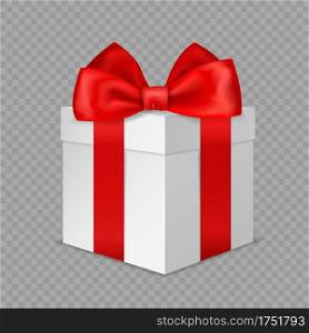 White gift box with red bow. Realistic wrapped present. 3D closed luxury packaging with satin ribbon angle view, holiday or birthday surprise, vector isolated on transparent background illustration. White gift box with red bow. Realistic wrapped present. 3D closed luxury packaging with satin ribbon angle view, birthday surprise, vector isolated on transparent background illustration