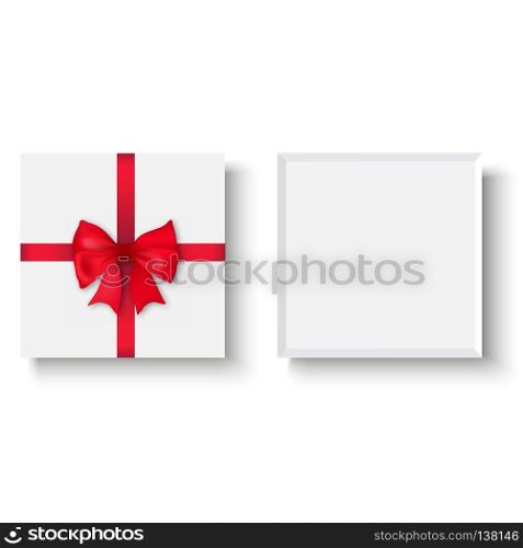 White gift box with red bow. Top view. Vector