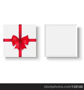 White gift box with red bow. Top view. Vector