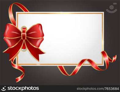 White gift card on black wrapped with shiny red ribbons and bow. Template of paper greeting postcard with copyspace for text. Greet friends and family with holiday. Vector illustration in flat style. Wrapped Gift Card with Festive Ribbon and Bow