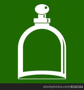 White glass bottle with perfume icon white isolated on green background. Vector illustration. White glass bottle with perfume icon green