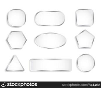 White glass buttons with chrome frame. Vector illustration