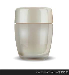 White glass cosmetic jar for cream, powder, balm, ointment. Realistic vector illustration of closed container with lid.. White glass cosmetic jar for cream, powder, balm