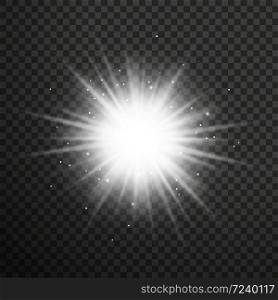 White glowing light burst explosion with transparent. Vector illustration for effect decoration with ray sparkles.