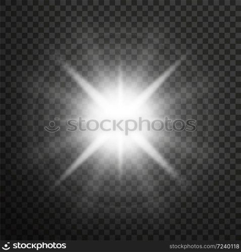 White glowing light burst explosion with transparent. Vector illustration for effect decoration with ray sparkles.