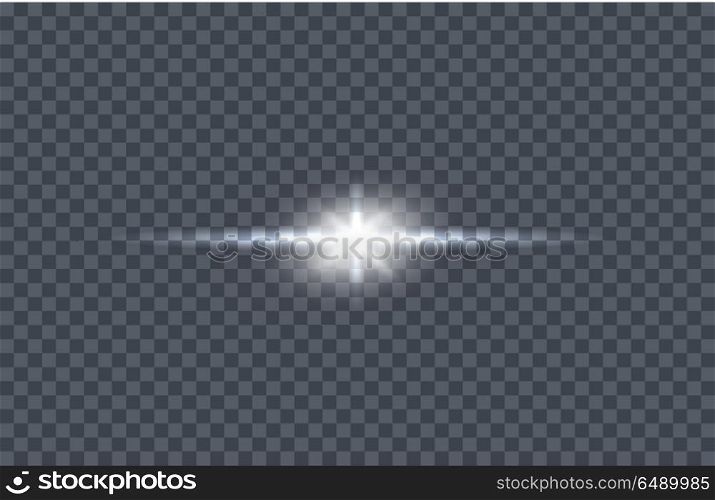 White Glowing Light Burst Vector Illustration. White glowing light burst. Vector illustration on transparent background. Design element with light effect. Horizontal flash light. For space science concepts, night sky, magic light illustrating