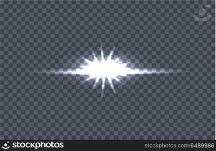 White Glowing Light Burst Vector Illustration. White glowing light burst. Vector illustration on transparent background. Design element with light effect. Horizontal flash light. For space science concepts, night sky, magic light illustrating