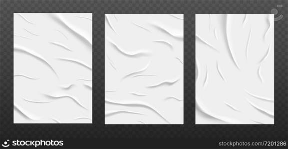 White glued paper texture, wet wrinkled paper sheets set. Posters with crumpled and creased wrinkles isolated on a dark background. Vector illustration. A4 format.. White glued paper texture, wet wrinkled paper sheets set.