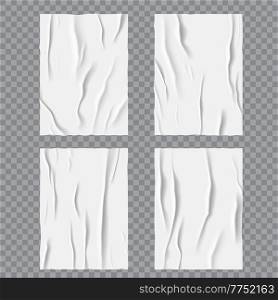 White glued wet paper posters with wrinkled or crumpled paper texture. Realistic vector badly glued wet paper or adhesive foil with crumpled and greased wrinkles, white posters background. White glued wet wrinkled or crumpled paper posters