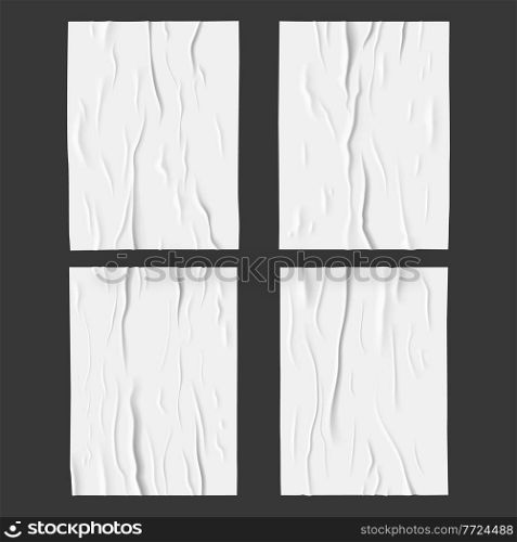 White glued wet paper posters. Wrinkled and crumpled fabric or paper sheet 3d vector texture with creases, wrinkles and wallpaper glue. Blank grunge backgrounds, placards templates with rough surface. Glued wet paper posters, wrinkled paper texture
