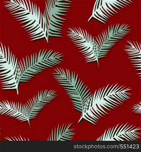 White green tropical palm leaves seamless pattern on the red background. Abstract flat composition