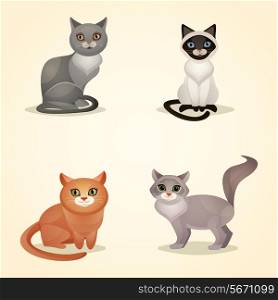 White grey and brown sitting cats set isolated vector illustration