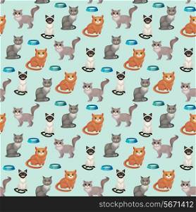 White grey and brown sitting cats with bowls seamless pattern vector illustration