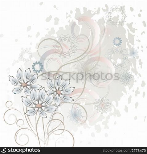 White grunge background with abstract blue flowers and branches