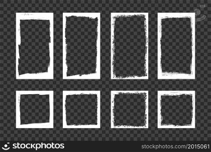White grunge frames for stories, posts and social network media. Template with brush stroke. Rectangular and square border with grunge. Set of vector illustrations isolated on transparent background.. White grunge frames for stories, posts and social network media. Template with brush stroke. Rectangular and square border with grunge. Set of vector illustrations isolated on transparent background