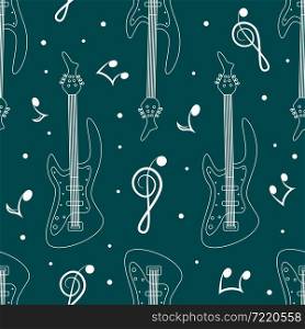 White guitar contour seamless pattern on blue background. Vector illustration.