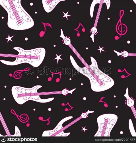 White guitar with pink contour seamless pattern. Vector illustration.