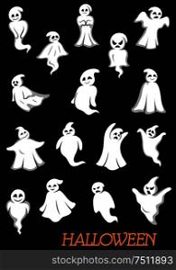 White halloween ghosts and ghouls with danger faces for holiday theme design. White halloween ghosts and ghouls