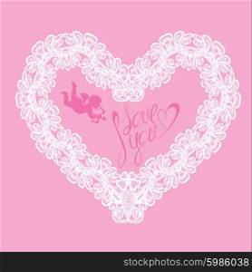 White Heart shape is made of lace doily on pink background, Holiday Card with calligraphic text I love you, Valentines Day or Wedding design.