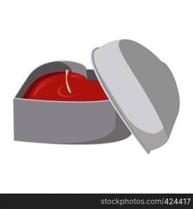 White heart shaped box with a red candle inside cartoon icon on a white background. White heart shaped box with a red candle inside