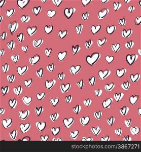 White Hearts on Pink Background. Seamless Hand Drawn Pattern