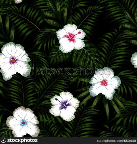 White hibiscus flowers and green tropical leaves seamless vector pattern on the black background