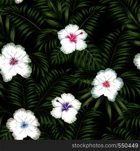 White hibiscus flowers and green tropical leaves seamless vector pattern on the black background