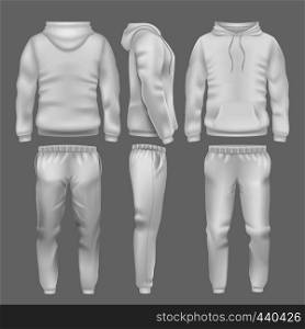 White hooded sweatshirt with sports trousers. Active sport wear hoodie and pants vector templates. Sportswear sweatshirt hoodie and urban pants illustration. White hooded sweatshirt with sports trousers. Active sport wear hoodie and pants vector templates