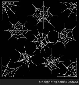 White horror cobweb. Spider scary web cartoon isolated design and spooky decor isolated abstract elements with on dark flatly black background vector set. White horror cobweb. Spider web cartoon isolated design and spooky decor isolated elements with on dark flatly black background vector set
