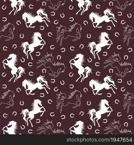 White horse and horseshoe silhouette seamless pattern. Vector illustration.
