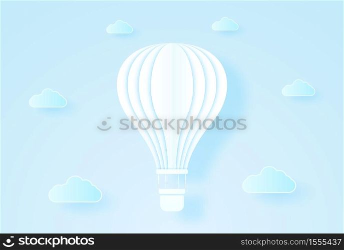 White hot air balloon flying in the blue sky, paper art style