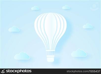White hot air balloon flying in the blue sky, paper art style