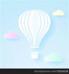 White hot air balloon flying in the blue sky with colorful cloud, paper art style