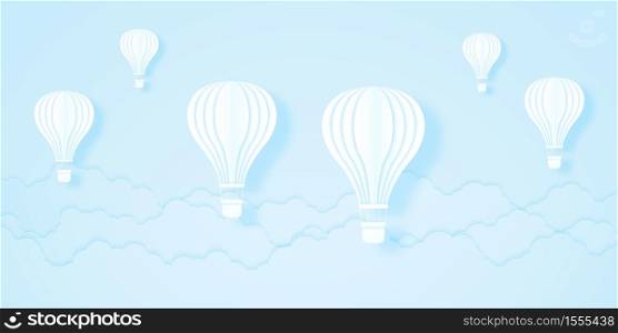 White hot air balloons flying in the blue sky and cloudscape, paper art style