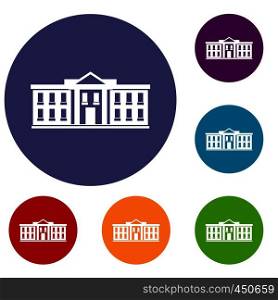 White house USA icons set in flat circle reb, blue and green color for web. White house USA icons set