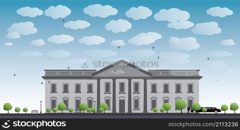 White House Washington DC with Black Silhouette of man and car Vector Illustration