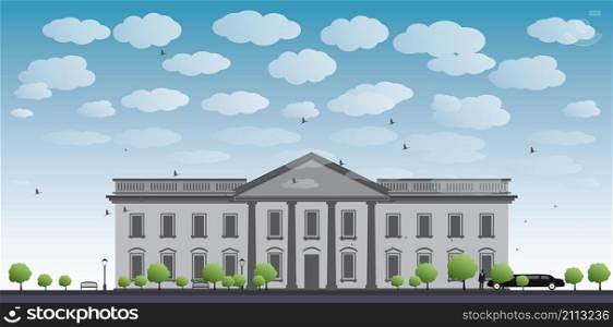 White House Washington DC with Black Silhouette of man and car Vector Illustration